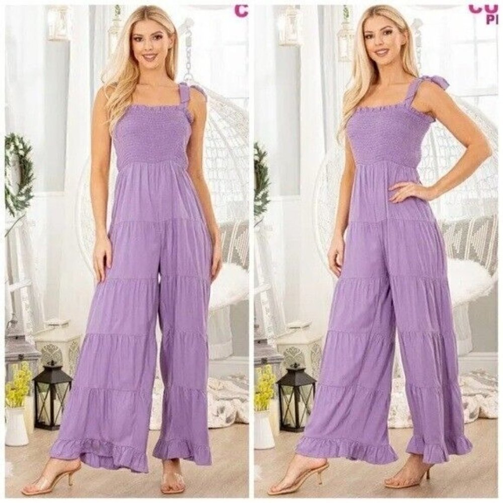 Heimish Usa Lavender Smocked Tiered Jumpsuit Tie Shoulder Straps Women’s Sz 1X